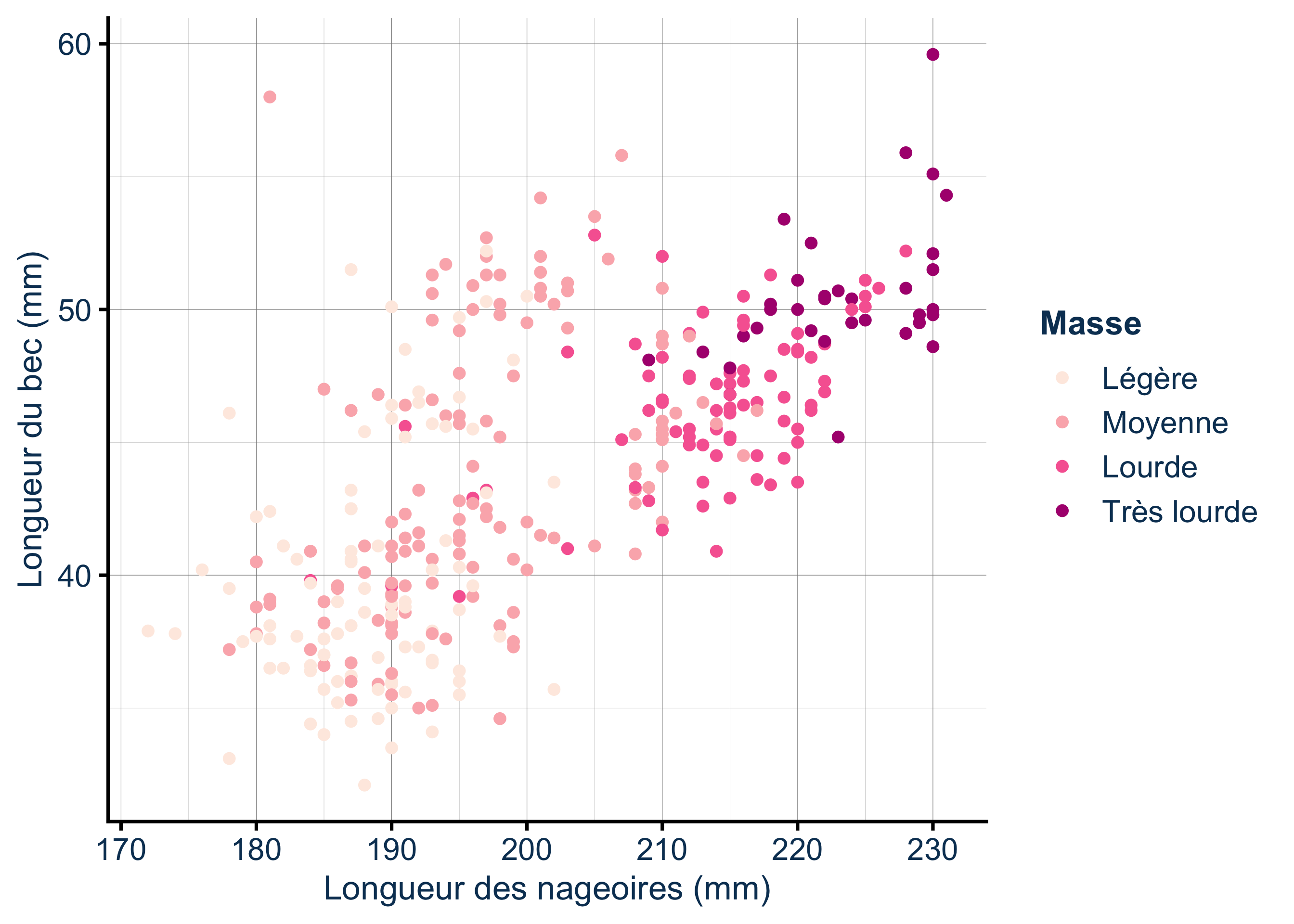 Nuage de points de la longueur du bec en fonction de la longueur des nageoires chez les manchots, colorés selon quatre tranches de masse ordonnées, d'un rose clair pour les plus légers à un rose foncé pour les plus lourds.