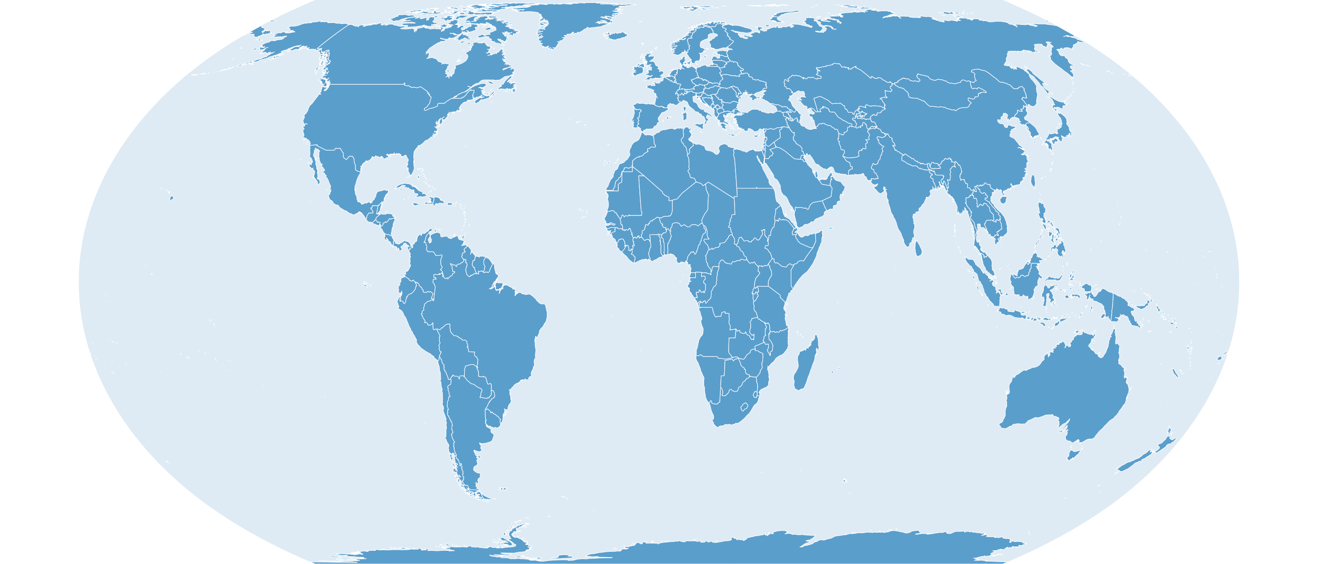Carte du monde en projection Equal Earth obtenue avec coord_sf(), forme elliptique sur fond bleu clair représentant les océans, proportions de surface entre pays fidèles à la réalité.