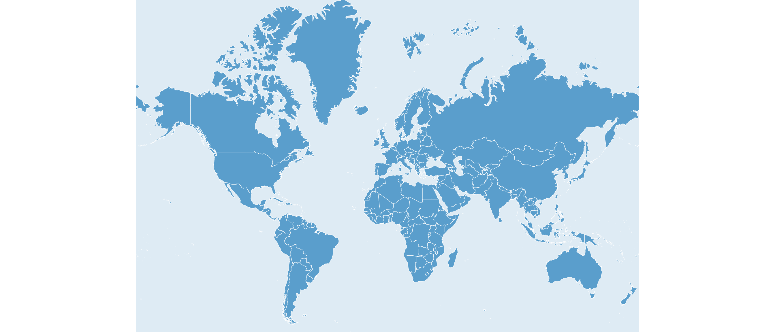 Carte du monde en projection Mercator, sans l'Antarctique. Le Groenland, tout au nord, apparaît presque aussi grand que l'Afrique alors qu'il est en réalité bien plus petit : les régions proches des pôles sont fortement dilatées par rapport aux régions équatoriales.