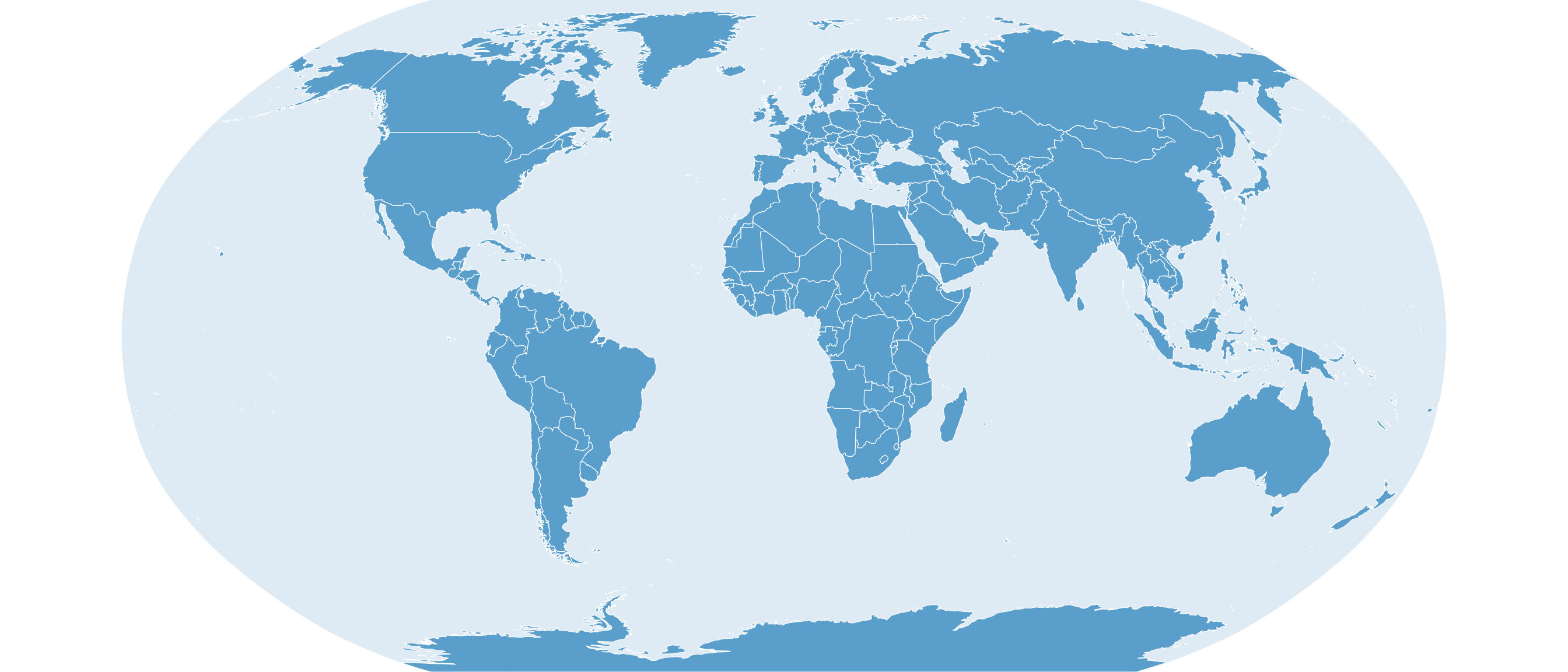 Carte du monde en projection Robinson, forme ovale légèrement aplatie aux pôles, sur fond bleu clair. Compromis visuel entre préservation des surfaces et des angles, sans en privilégier aucune à l'extrême.