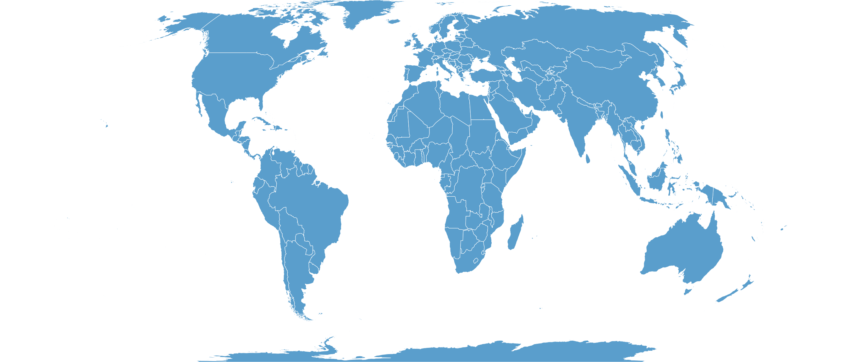 Carte du monde en projection Equal Earth sans aucun fond : les pays flottent sur un arrière-plan blanc uni, sans repère visuel pour situer le contour elliptique de la projection ni distinguer la terre de l'espace vide autour.
