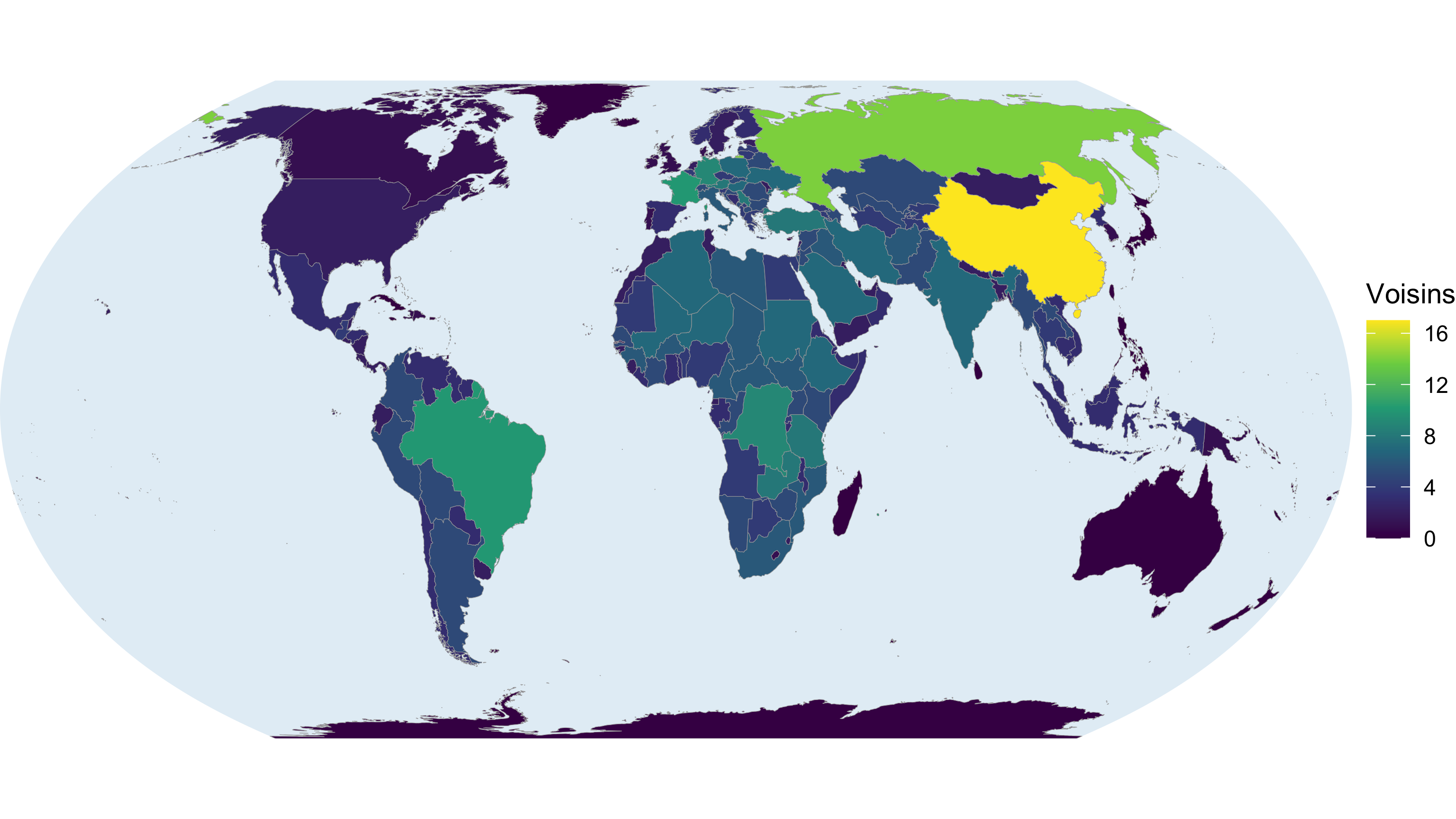 Carte choroplèthe du monde en projection Equal Earth, chaque pays coloré selon son nombre de voisins terrestres avec une palette viridis allant du jaune clair (peu ou pas de voisins, notamment les îles) au violet foncé (beaucoup de voisins, comme la Chine ou la Russie).