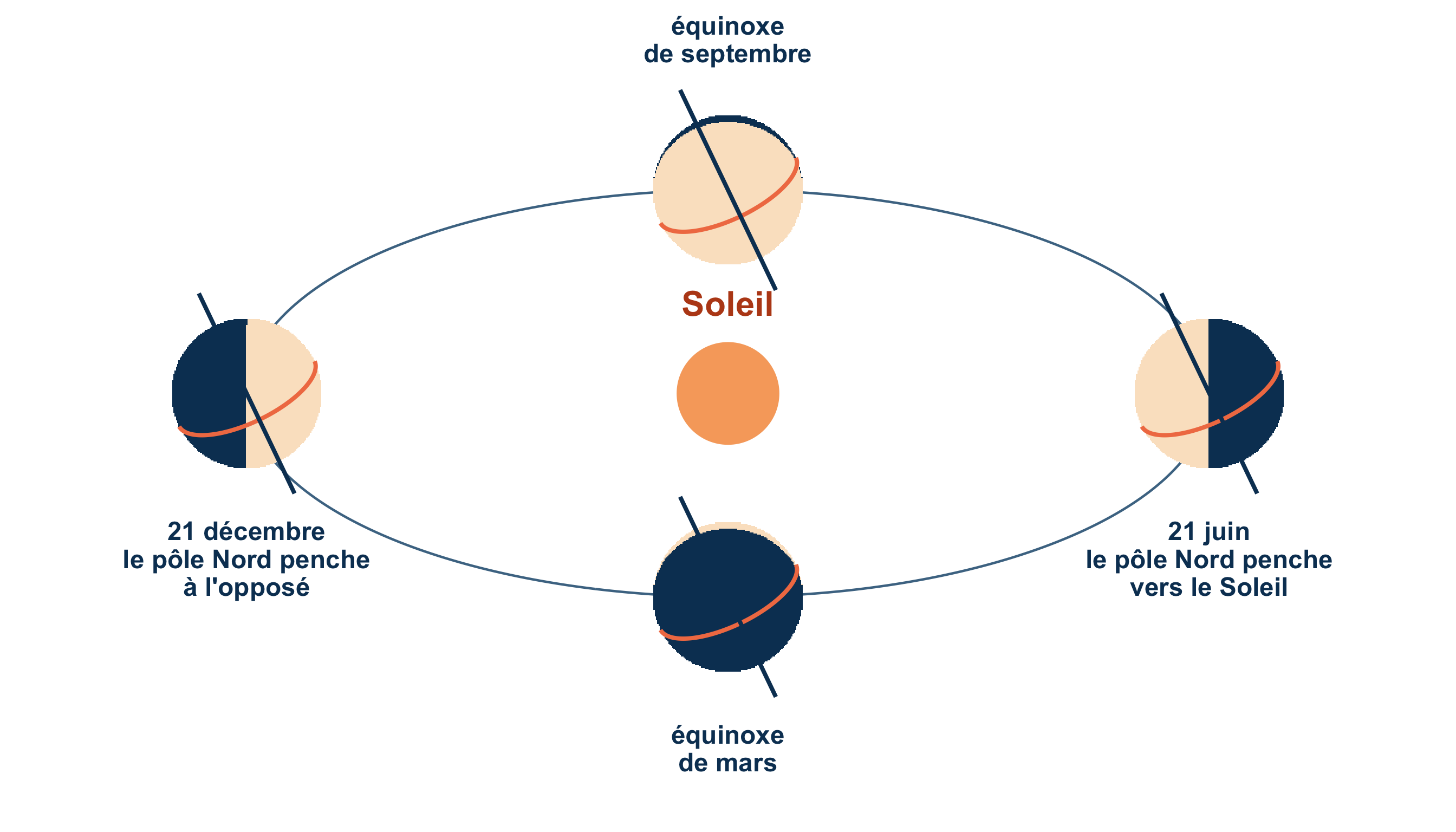 Le Soleil au centre et quatre Terres sur une orbite vue en perspective. Chaque Terre a un axe penché dans la même direction et un équateur orange. À droite, le 21&nbsp;juin, le pôle Nord penche vers le Soleil. À gauche, le 21&nbsp;décembre, il penche à l'opposé. En haut et en bas, aux équinoxes, il ne penche ni vers le Soleil ni à l'opposé.
